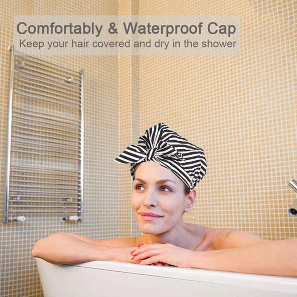 

Women Adjustable Size Stripe Pattern Sauna Waterproof Reusable For Long Short Hair Spa Turban Portable Shower Cap Home Travel