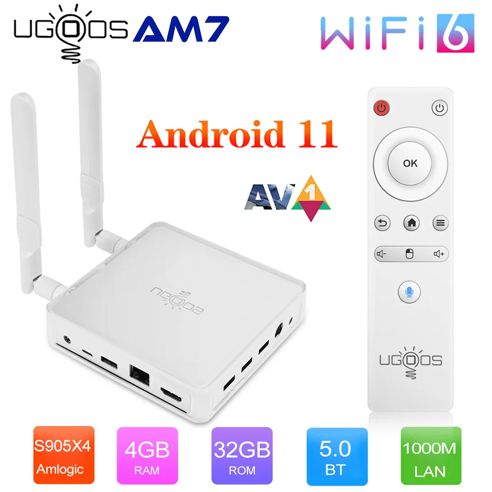 

ТВ-приставка UGOOS AM7 Android 11 Amlogic S905X4 DDR4 4 ГБ ОЗУ 32 Гб ПЗУ поддержка AV1 CEC HDR 5G WiFi6 1000M BT5.0 3 * USB3.0 OTT 4K ТВ-приставка