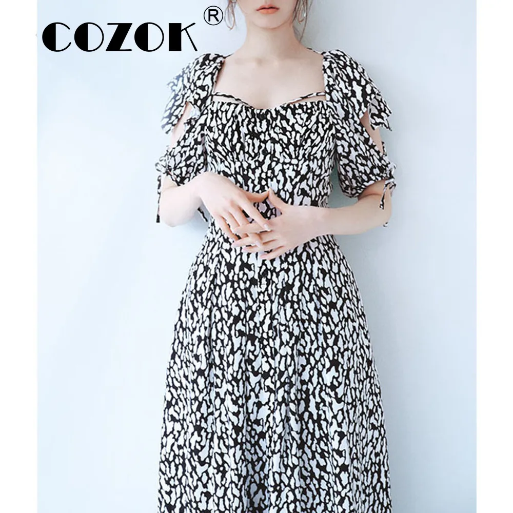 

Cozok Japanese Sweet Dress Square Collar Short Butterfly Sleeve Temperament Printed Drawstring Slim Robes New Women Vestidos
