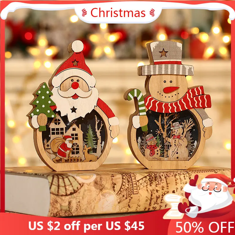 

Christmas LED Light Wooden Santa Snowman Luminous Merry Christmas Decorations Home DIY Xmas Tree Ornaments Kids Gifts New Year