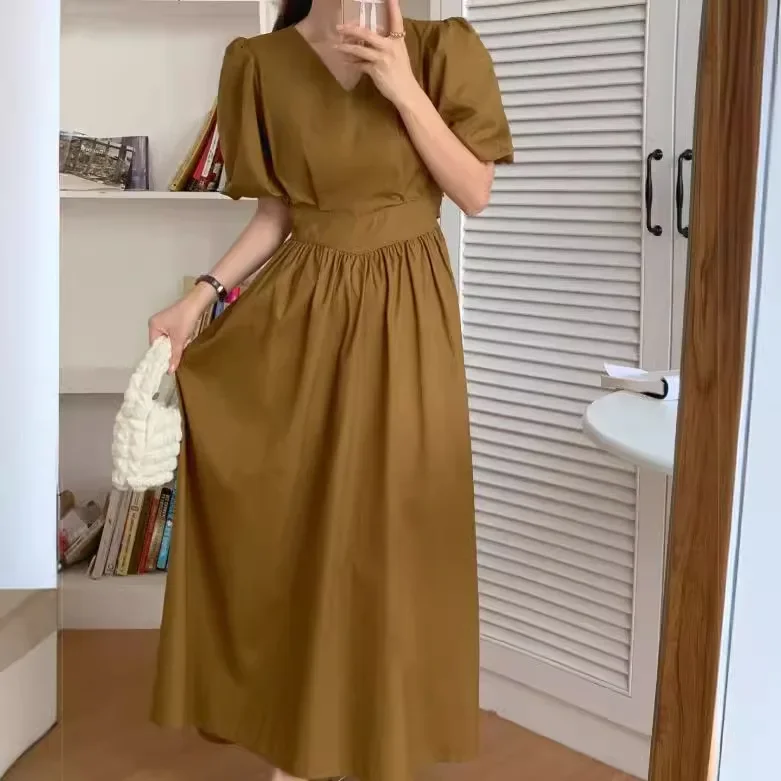 Шикарные корейские утягивающие платья с v-образным вырезом и короткими рукавами