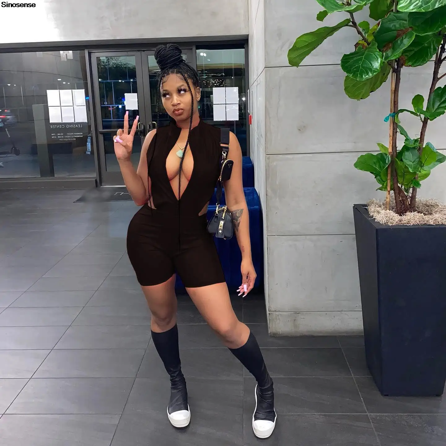 

Женский модный комбинезон из искусственной кожи, сексуальный Облегающий комбинезон из искусственной кожи с вырезами и молнией спереди, уличный клубный комбинезон Y2K