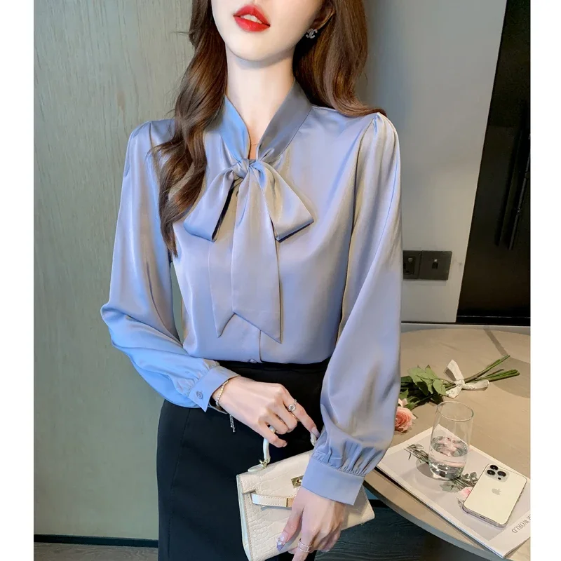 Женская шифоновая блузка с длинным рукавом и V-образным вырезом