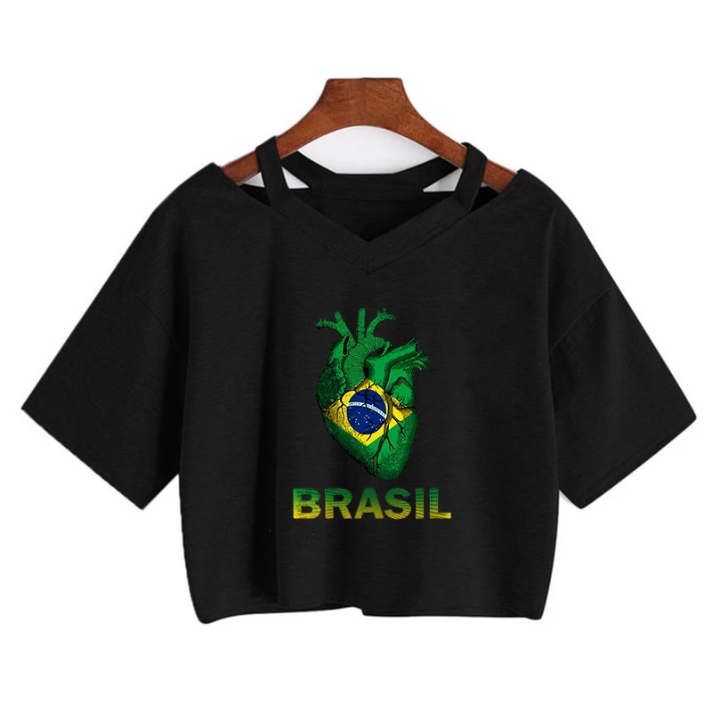 

New Brazilian Flag Brazil Heart Graphic Print T Shirt Harajuku Tees Sexy Cropped Top Y2k Aesthetic Clothes