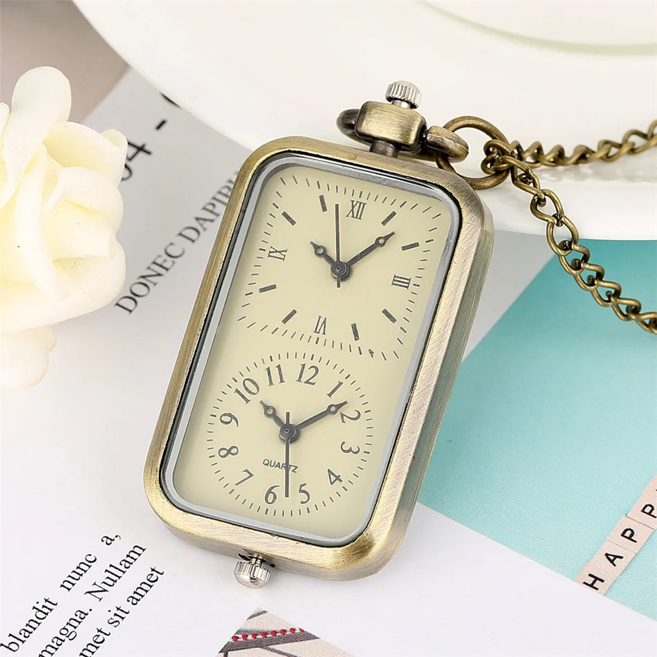 Dual Time Zone Bronze Quartz Pocket Watch Rectangle Shape Necklace Watch Fob Chain Retro Accessory Gifts for Men Women