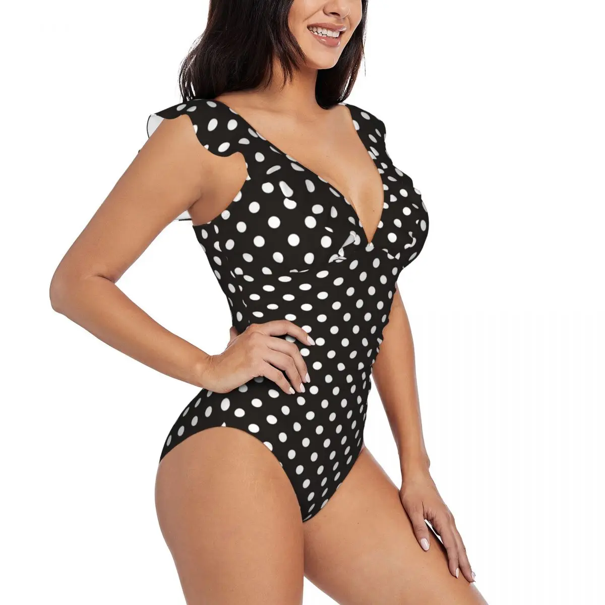

Swimwear Women One Piece Swimsuit White Polka Dots On Black Female Swimming Bikinis Push Up Monokini Sexy Ruffle Bathing Suit