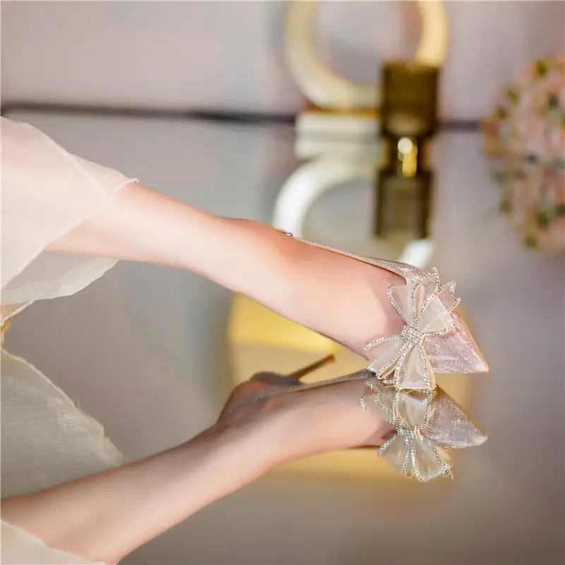 Footwear Closed Sandals for Women Thin Heels Ladies Shoes Stiletto Summer 2023 Diamond Bow Silver Rhinestones Pointed Toe Sandal