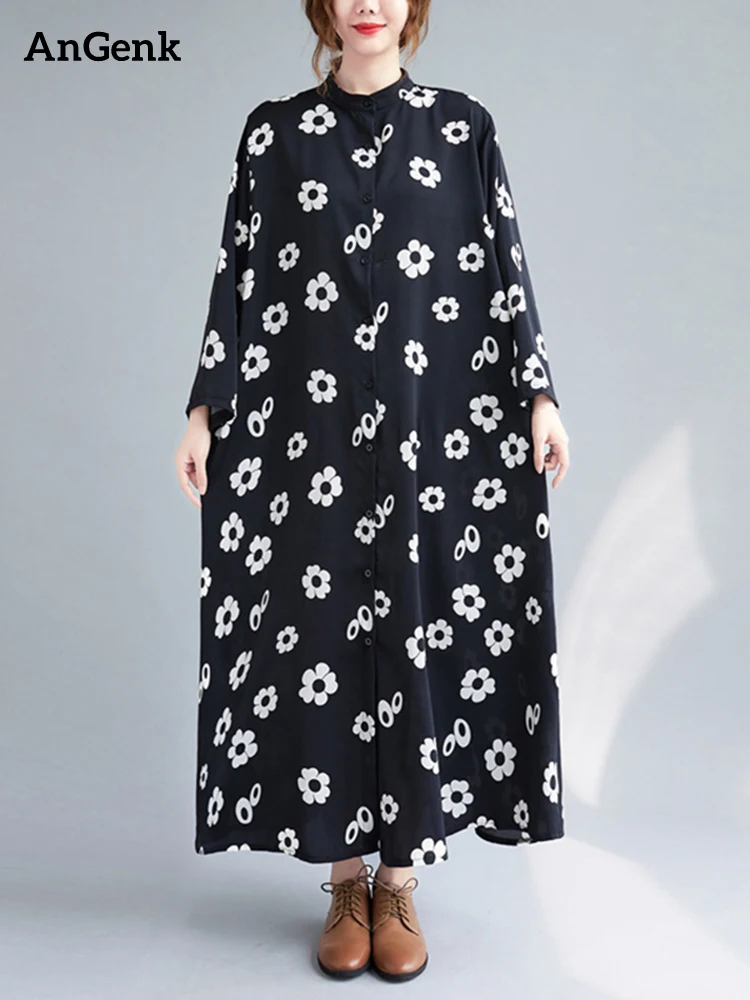 

Black Vintage Floral Print Maxi Dresses For Women Long Sleeve Loose Casual Long Shirt Dress Fashion Clothes Spring Autumn 2022