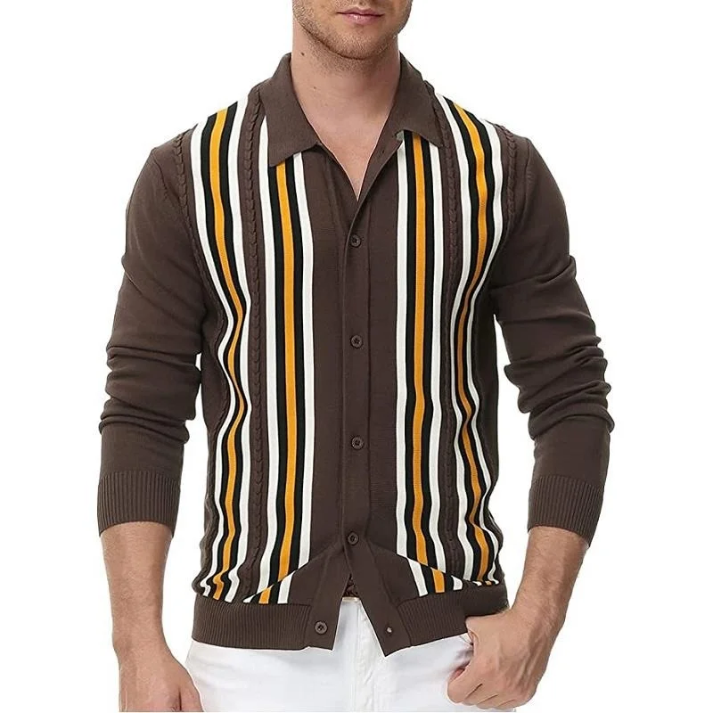 

Male Knit Cardigan Lapel Brand Long Sleeve Striped Knit Sweater Business Men's Polo Shirt Splicing Color Slim Stretch Knit Shirt