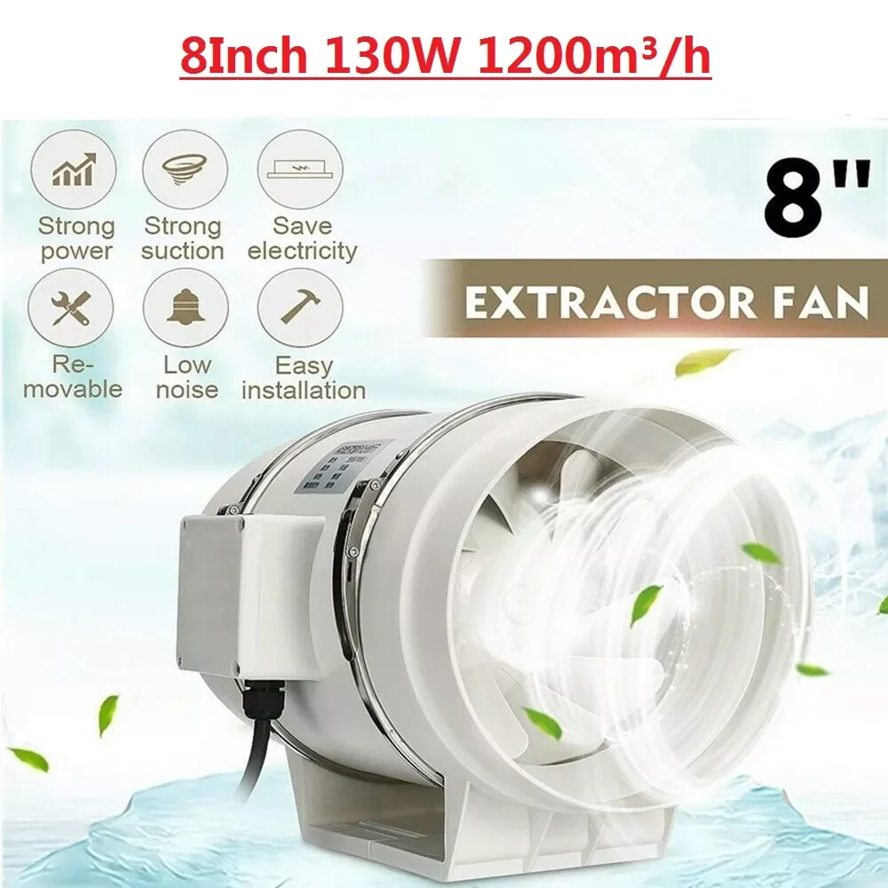 8Inch Exhaust Fan Home Silent Inline Pipe Duct Fan Bathroom Extractor Ventilation Vent Kitchen Toilet Wall Air Cleaning 220/110V