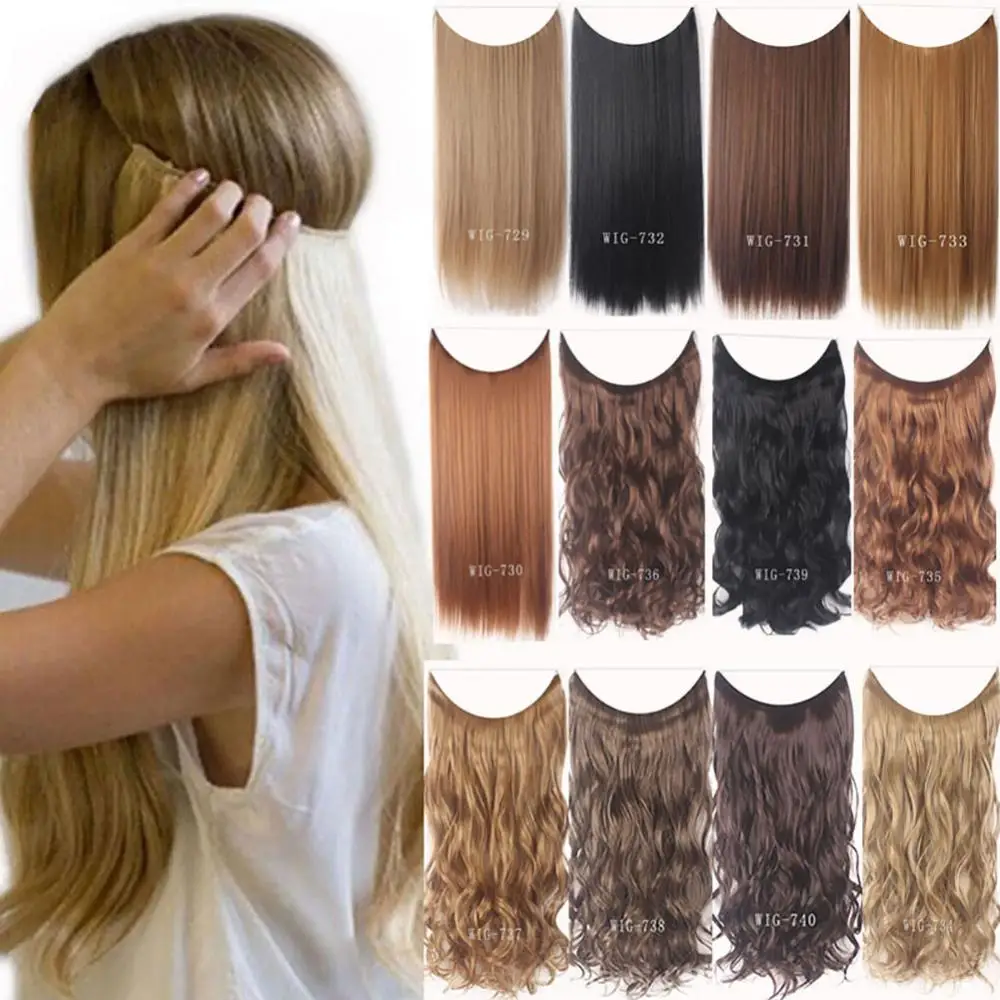

Fish Line Natural Fiber Hairpiece Hair Extension Long Women Curly Straight Wig
