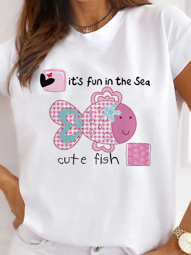 

Woman's T-shirts Print Cute Fish Graphic Ladies Clothing Round Neck Short Sleeve Fashion Female Tee Women Summer Casual Clothes