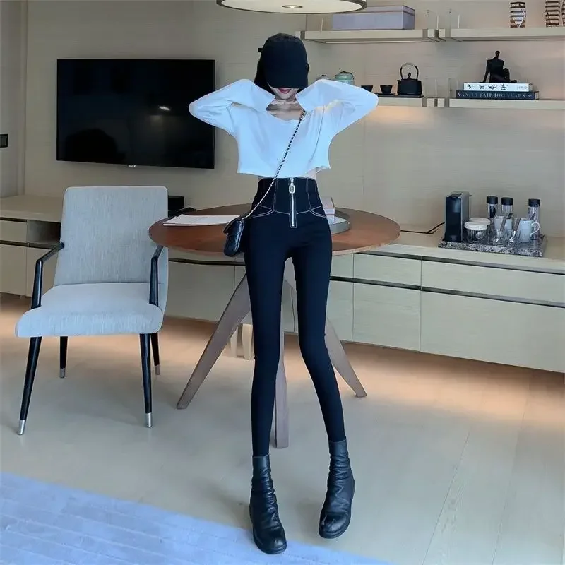 Черные брюки для женщин Брюки с высокой талией Узкие облегающие женские джинсы