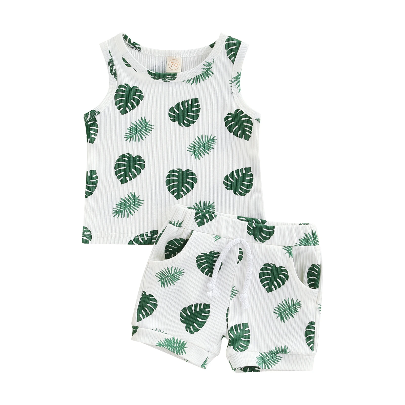 

Kids Toddler Baby Clothing Two Piece Summer Cotton Shorts Set Leaf Print Ribbed Crew Neck Sleeveless Tank Tops High Waist Shorts