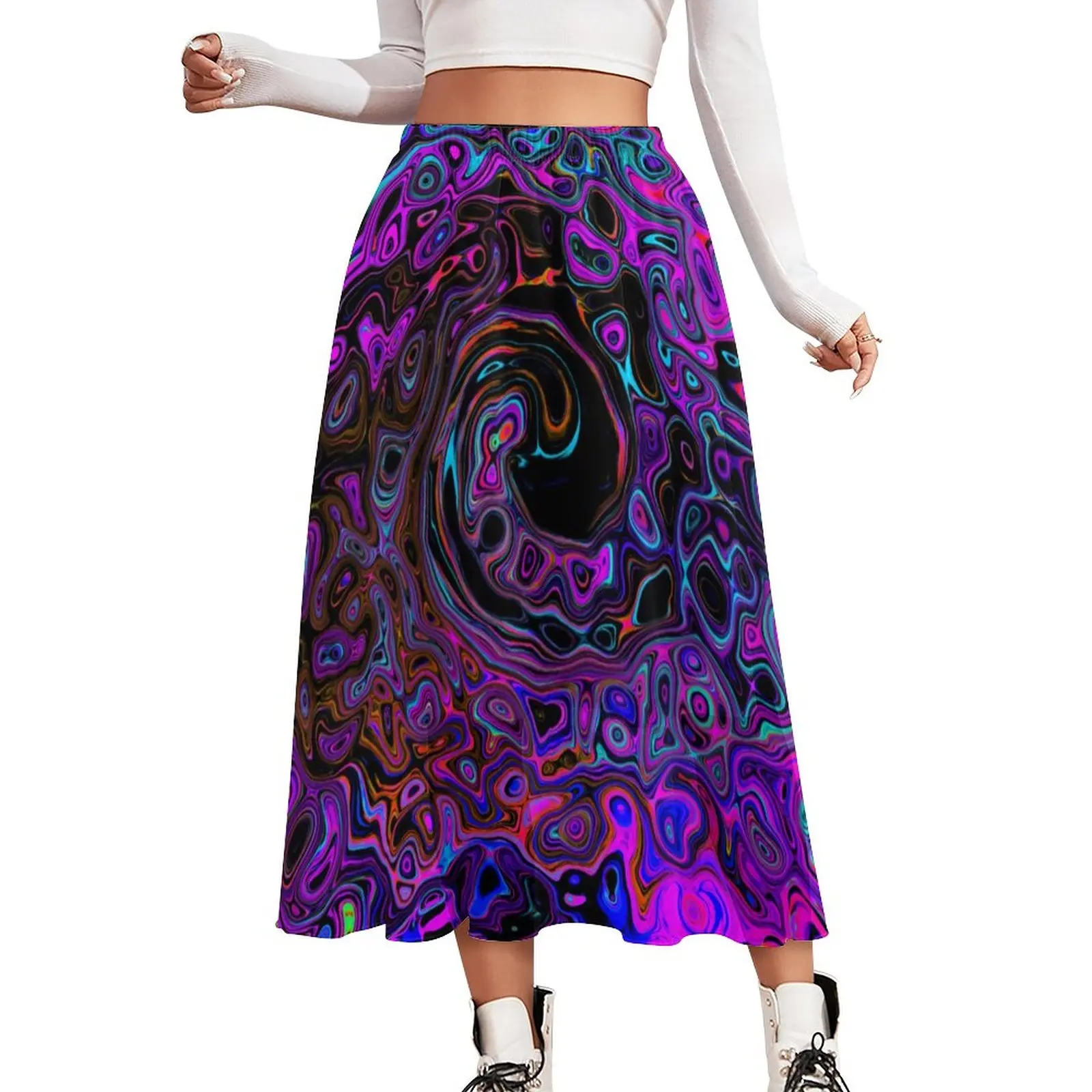 

Retro Liquid Swirl Skirt Trippy Magenta Retro Long Skirts Spring Korean Fashion High Waist Chiffon Print Big Size Casual Skirt