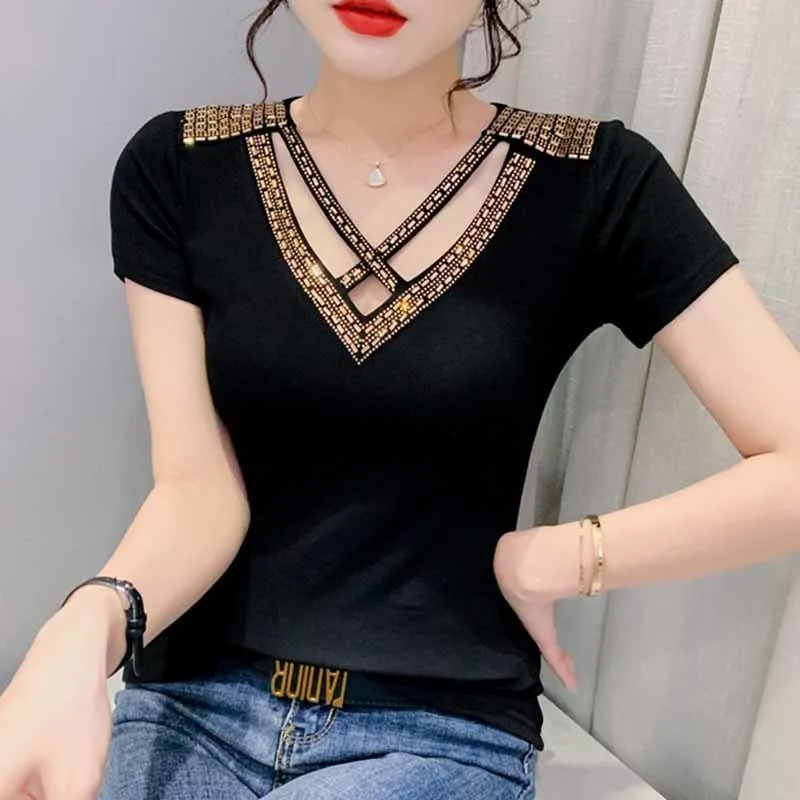 

Summer 2022 New Short Sleeved Women Tops Shirt Fashion Sexy V-Neck Hot Drilling Hollow Out Mesh T-Shirt Red Black Clothes
