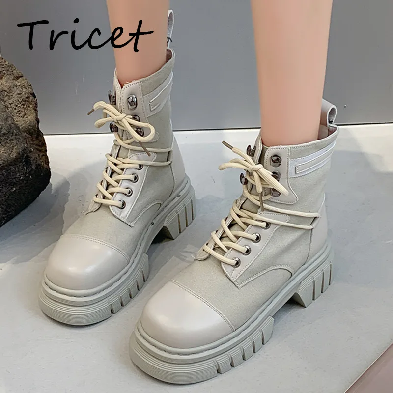 

2022 Women's Lace Up Platform Ankle Boots PU Leather Casual Female Motorcycle Boots Solid Chunky Ladies Short Fashion Boots