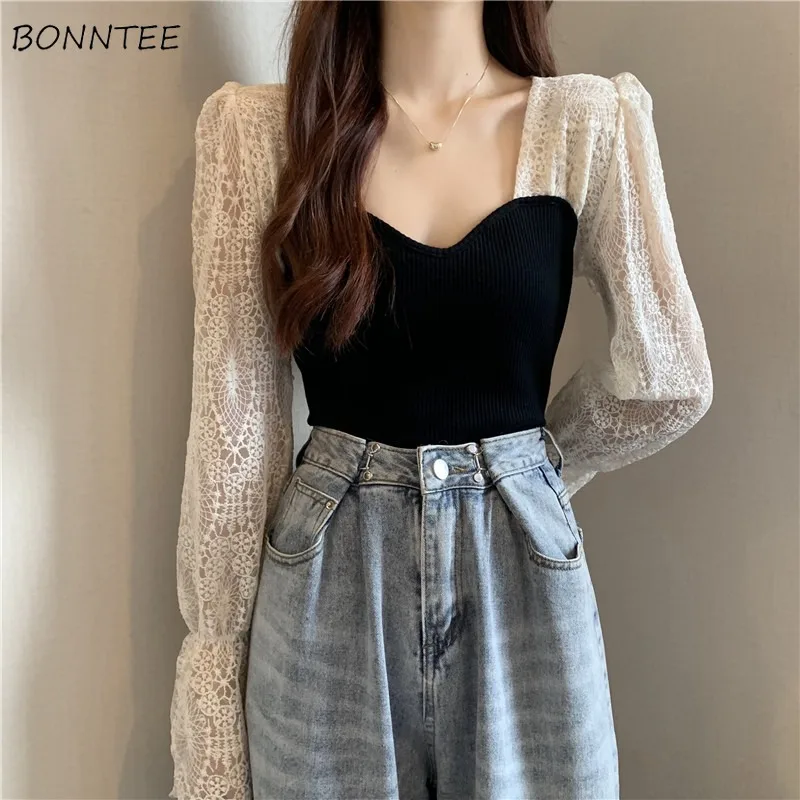 

Blouses Women French Style Temperament Design Puff Long Sleeve Clothing Classy All-match Patchwork Basic Harajuku Ins Elegant