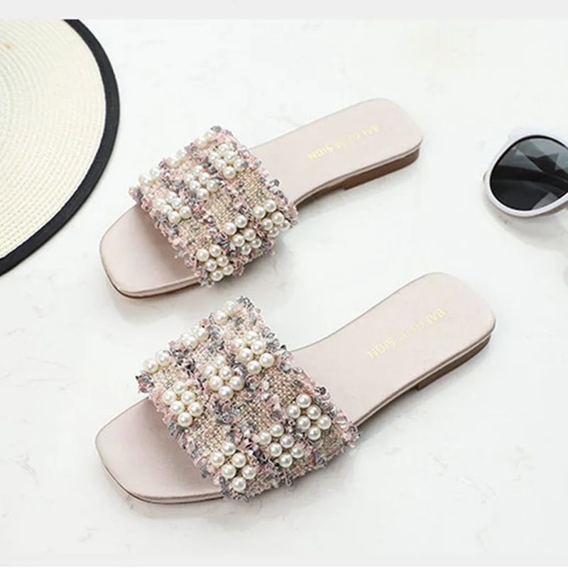 

Pearl Woman Slippers Solid Flats Zapatos De Mujer Open Toe Shoes Women Summer Outside Shoes Fashion Casual Slippers Patchwork