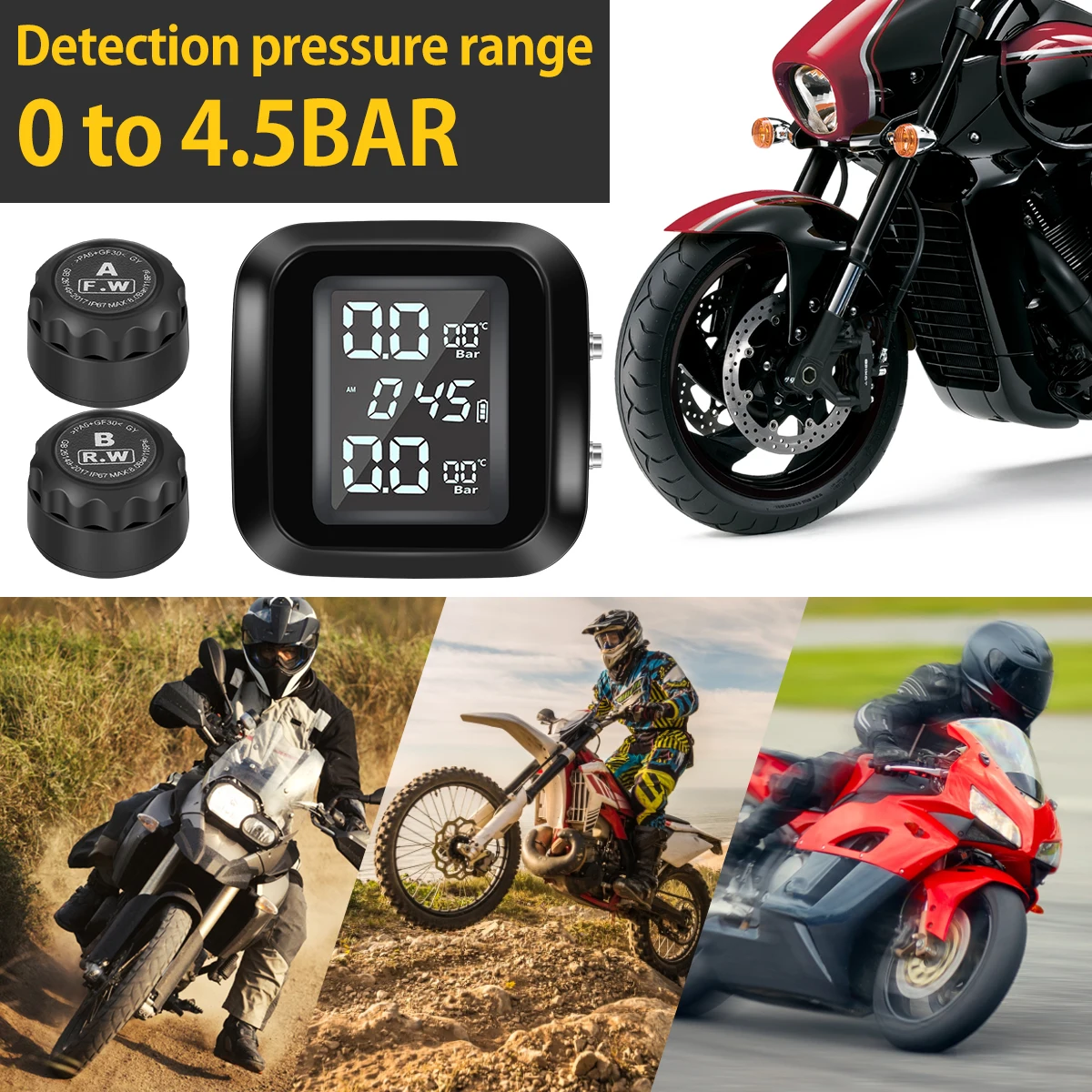 0-4.5 Bar Motorcycles Tire Pressure Monitoring System Waterproof USB Charging Wireless TPMS Tyre Pressure LCD Display Monitoring