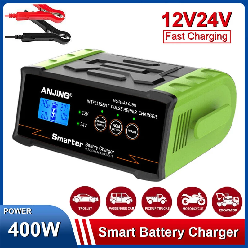 

New 12V-24V Car Battery Charger 400W High Power Smart Battery Charger Trickle Smart Pulse Repair Car Truck Boat Motorcycle