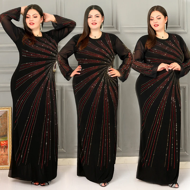 

Muslim Long Dress Ladies Eid Robe Spring Casual Luxury Arabian Dress Black Linear Rhinestone Robe Evening Dress Party