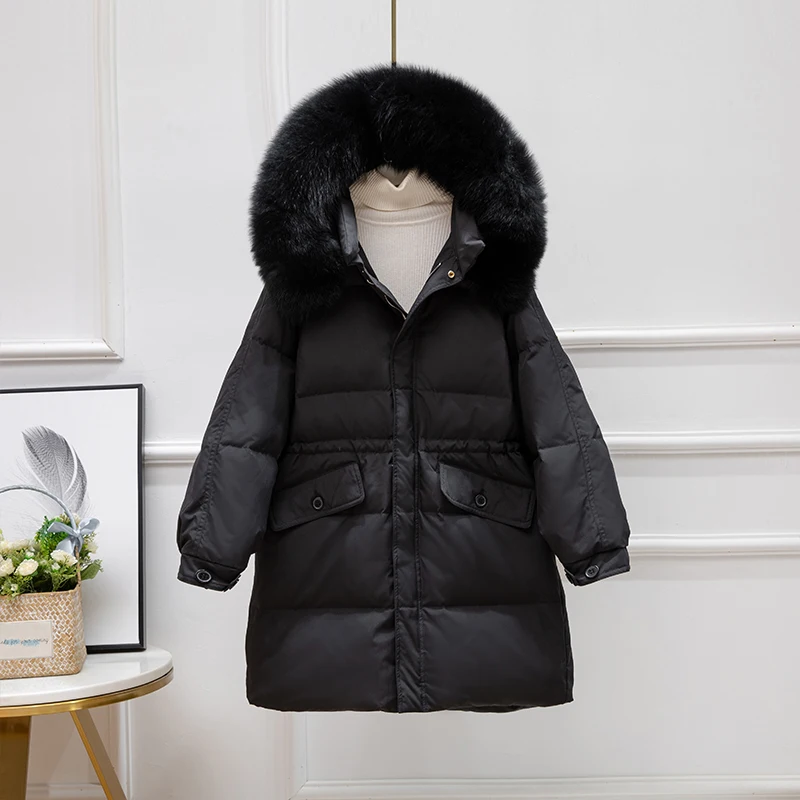 New Women Fox Fur Collar Long Down Jacket Casual Style Autumn Winter Coats And Parkas Female Outwear
