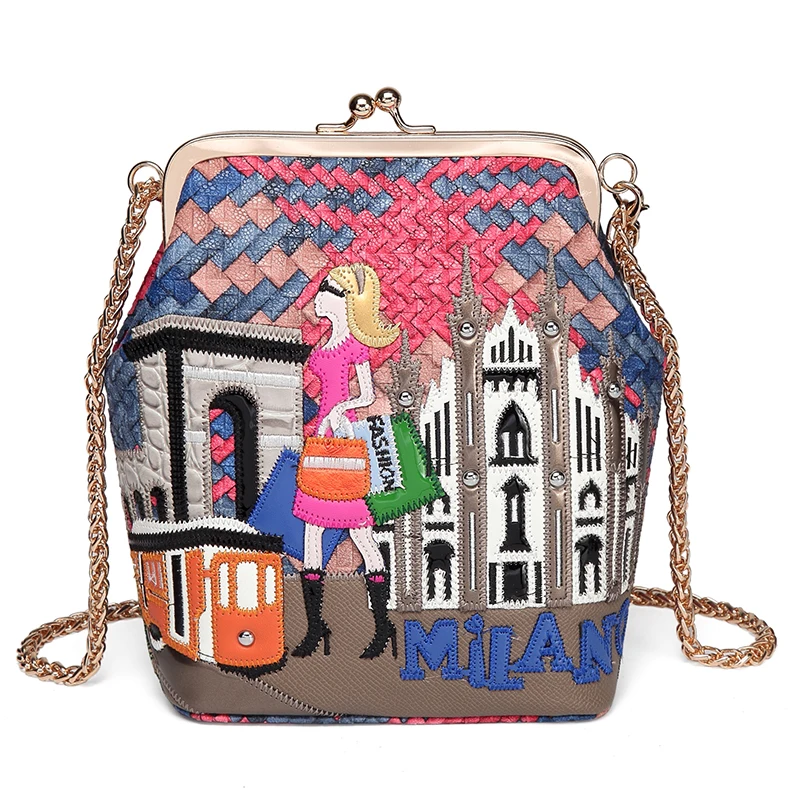 Women Bags Leather Patchwork Embroidery Purse Chain Cross Body Messenger Bag Shoulder Bags Braccialini Style Art Shopping Girl