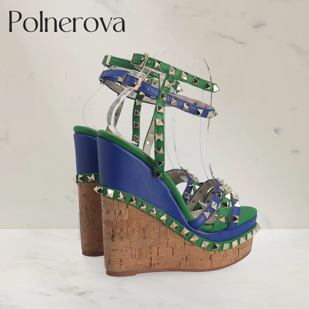 Wood Grain Wedge Rivet Sandals Blue Green Leather Buckle Summer Shoes Punk Fashion Style High Heels Platform Sandals for Women