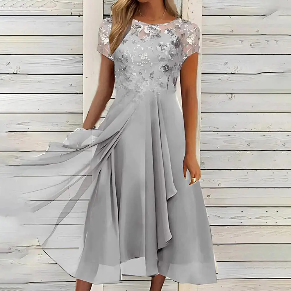

Вечернее платье с круглым вырезом, элегантное вышитое женское шифоновое платье-трапеция средней длины с драпированным подолом