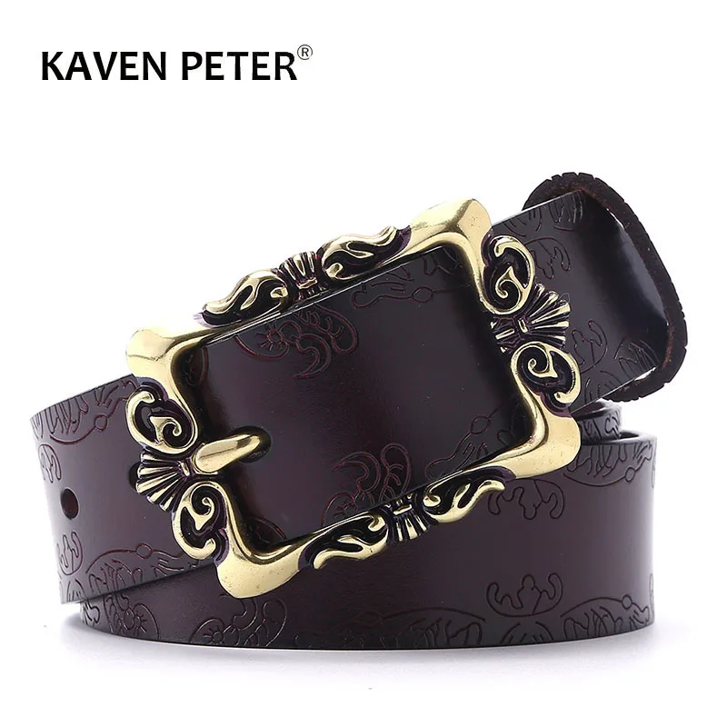 Fashion Wide Genuine Leather Belt For Women Vintage Floral Real Leather Lady Belts Top Quality Strap Female For Jeans 35MM