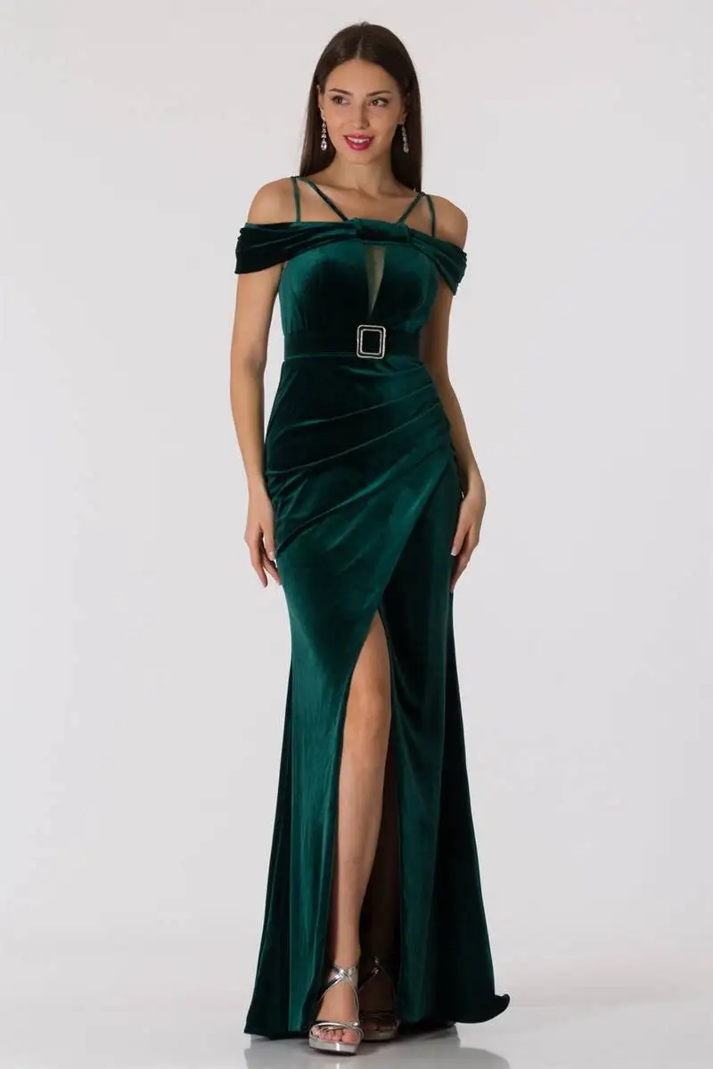 

Strap Detail With A Slit Velvet Evening Dresses Khaki