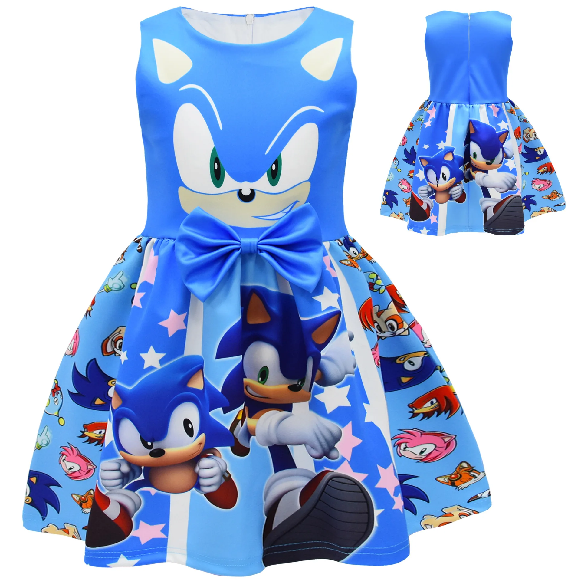 Girls Cartoon Super Sonics Cosplay Dress Blue Red Yellow Sonics Bow Sleeveless Christmas CarnivalParty Princess Dress