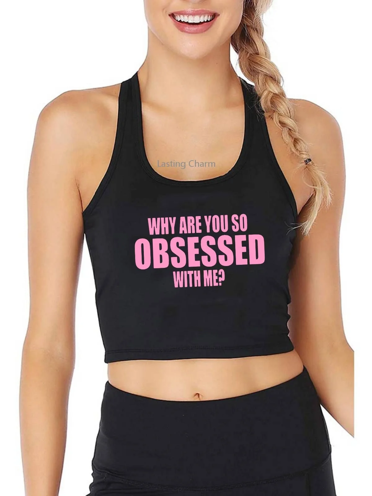 

Why are you so obsessed with me Print Tank Top Adult Humor Fun Flirty Print Yoga Sports Workout Crop Top Gym Tops