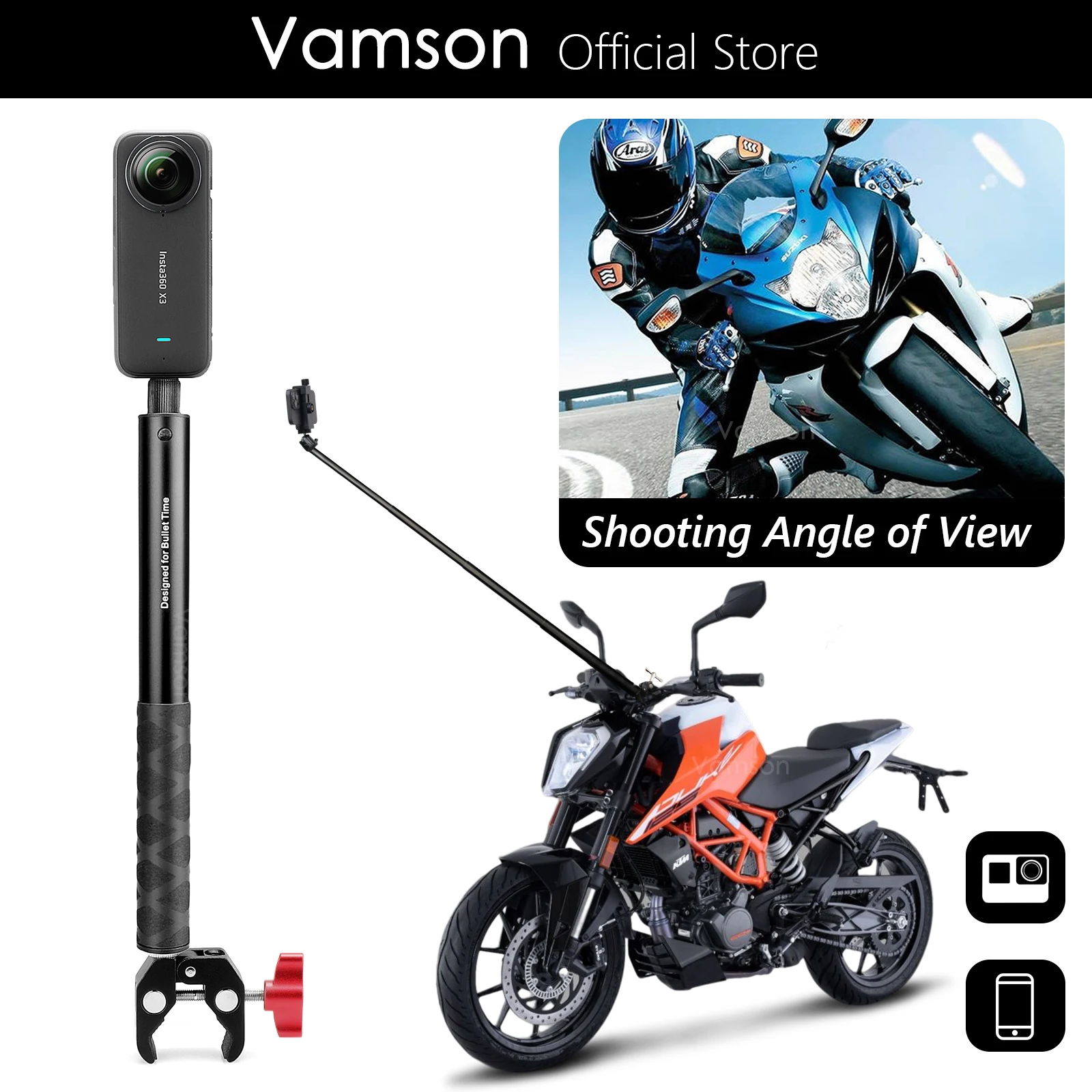 

Vamson Motorcycle Bicycle Phone Holder Mount Bike Cellphone Selfie Stick Handlebar Clip Bracket Accessories for Insta360 GoPro