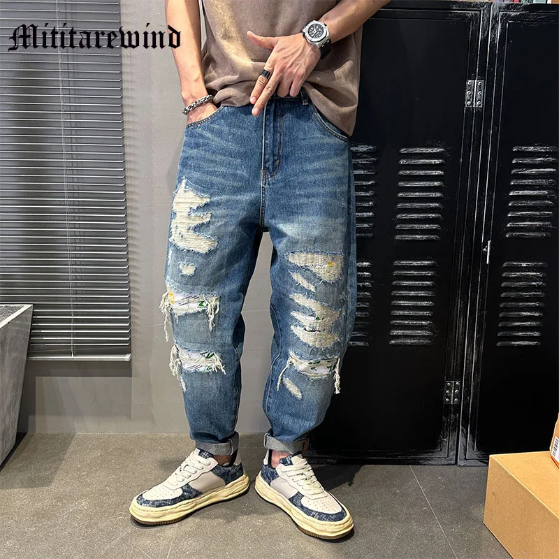 

Свободные повседневные потертые джинсы с широкими штанинами, однотонные брюки оверсайз в американском стиле, модные рваные прямые джинсовые брюки в стиле хип-хоп