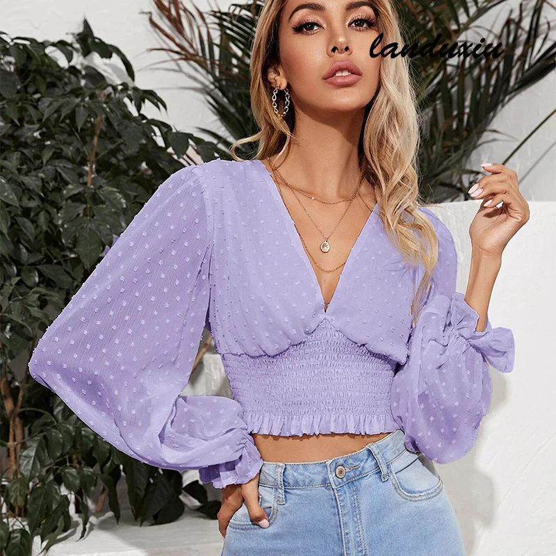 

2022 Autumn Long Sleeve Sexy V-neck Small Dot Chiffon Elegant Women's Shirt Short Women Tops landuxiu