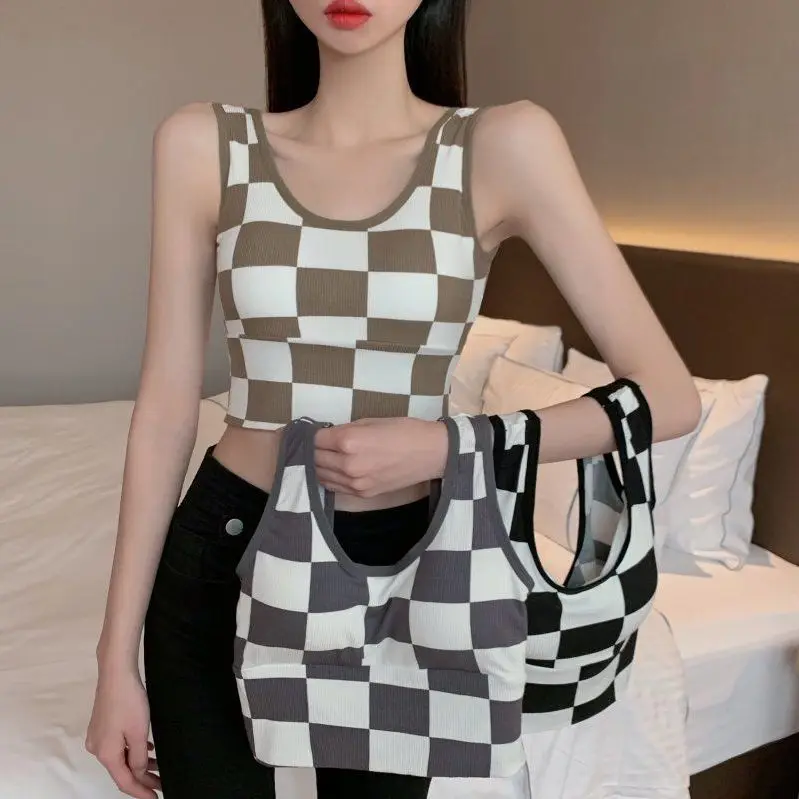 

2022 Spring Checkerboard Plaid Fashion Sexy Small Camisole Super Hot Women's Short Slim Fit Beautiful Back Bottoming Top