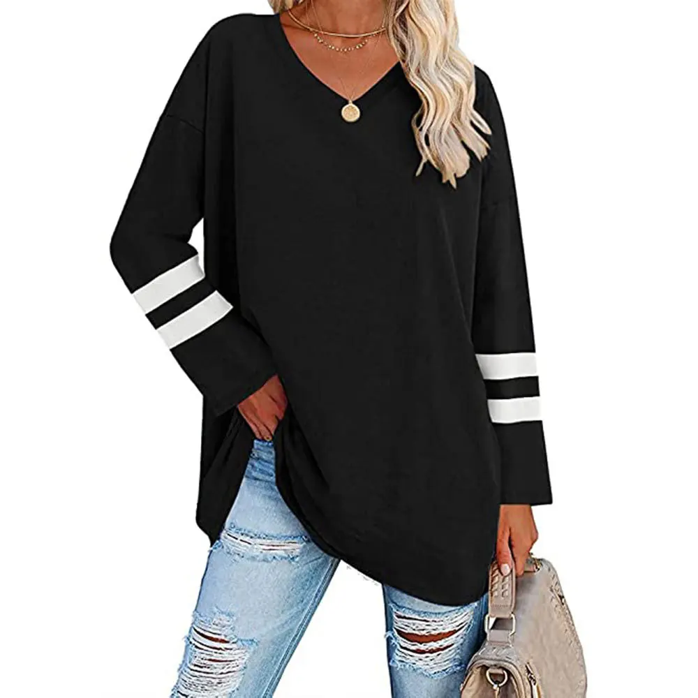 

Autumn V-neck Oversized Sweatshirt Women Fashion Striped Patchwork Long Sleeve T-shirt Female Casual Loose Pullovers Y2k Clothes