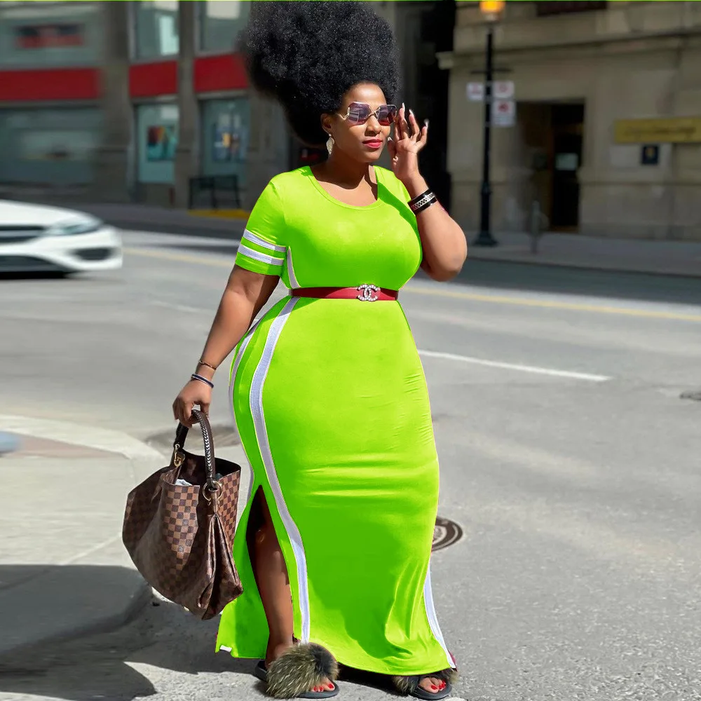 

Plus Size 5xl Dresses For Women Stripped Split Club O Neck Dresses Lady Fashion Evening Gowns 2022 Summer Wholesale Clothes