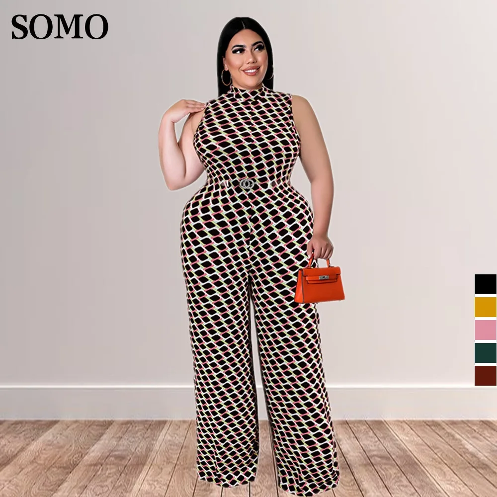 

Fashion Printed Plus Size Jumpsuit Women Casual Stand Collar Loose Sleeveless Tank One Piece Romper Wholesale Dropshipping