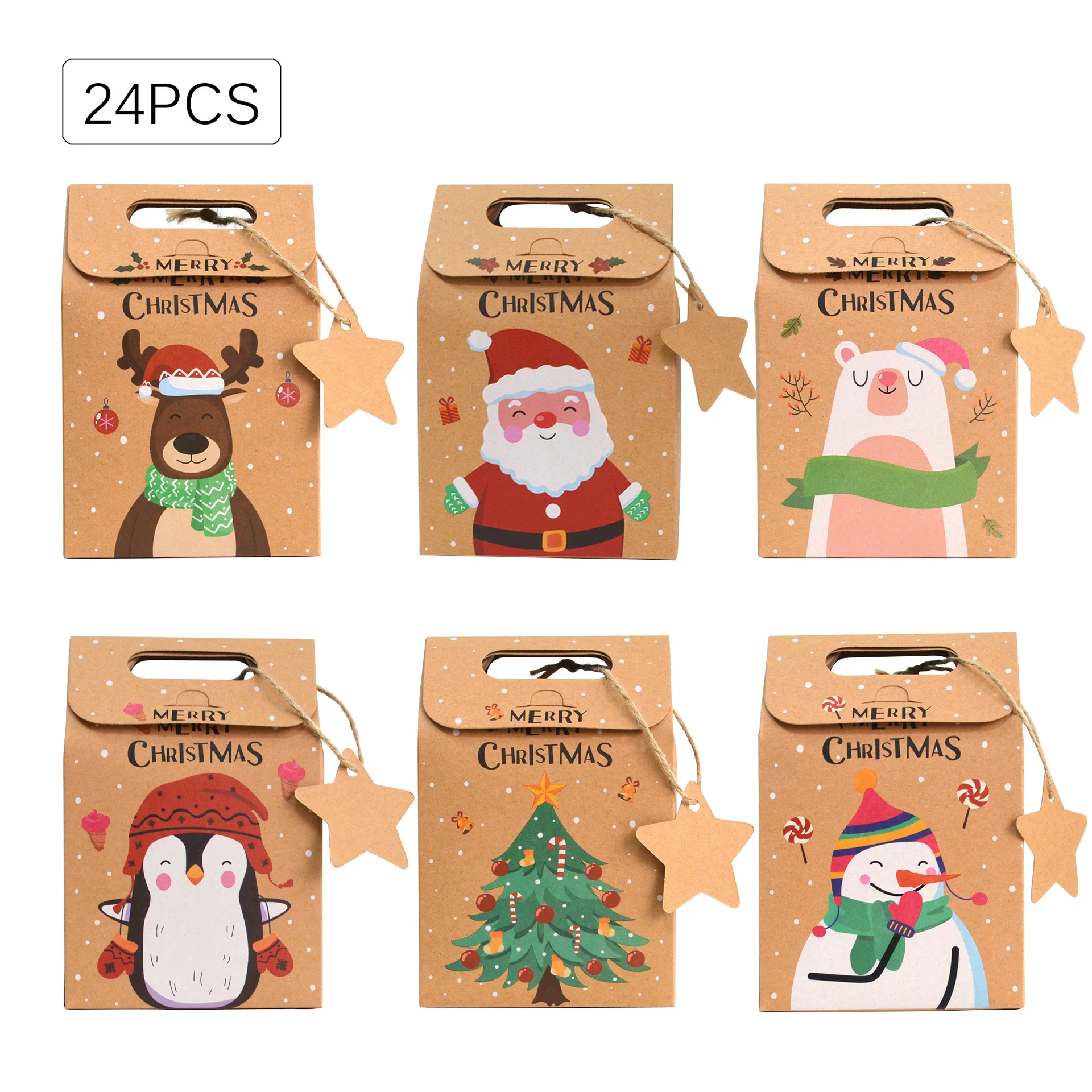 

24pcs Merry Christmas Candy Gift Box with Tag Kraft Paper Cookies Gift Packing Bags Xmas Party Home Decoration New Year 2024