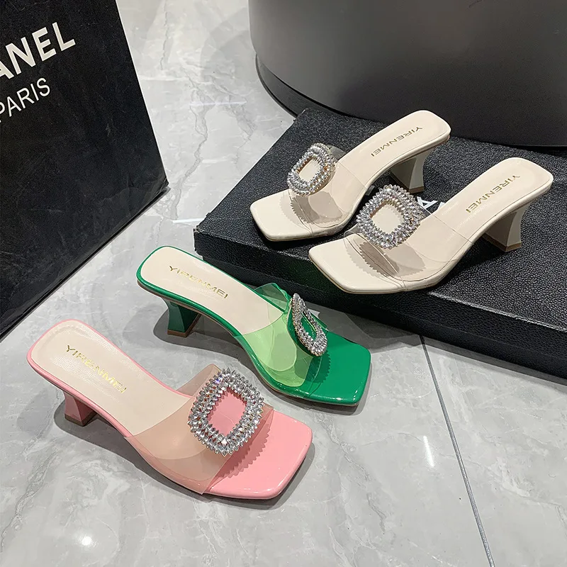 Transparent Square Heel Sandals For Women Luxury Flash Drill Summer High Heels Fashion Women's Shoes Low Heels Sandal
