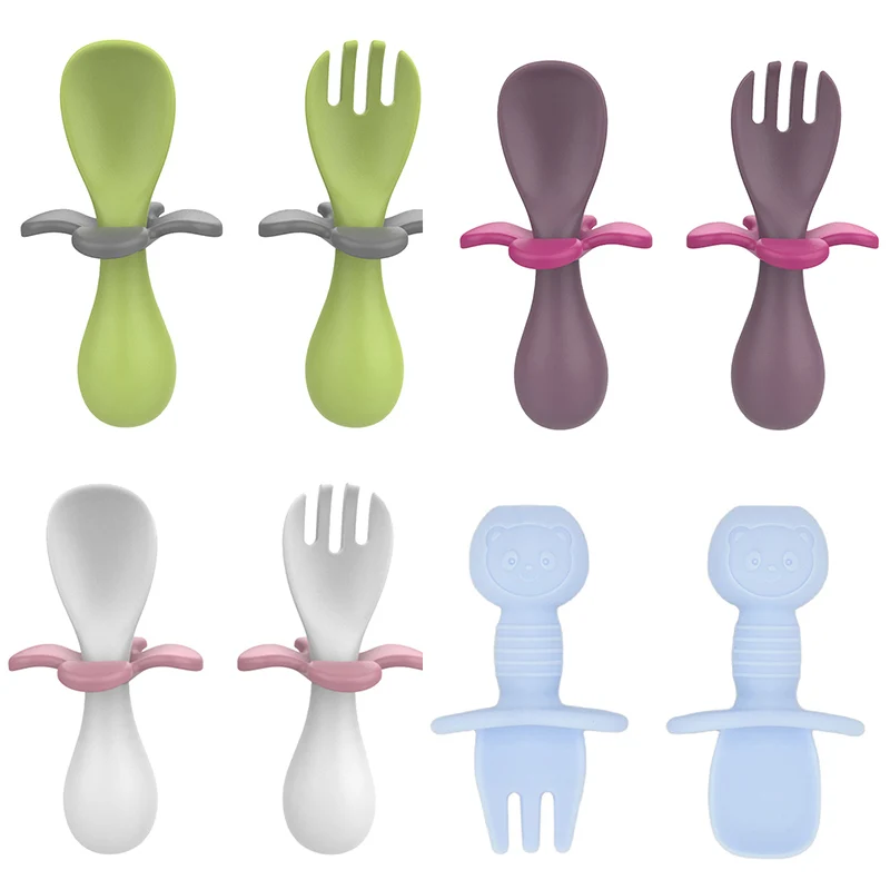 

2pcs/set Food Grade Silicone Mini Fork Spoon For Baby Baby Training Soft Head Handle Kids Spoon Fork Set BPA Free Learn To Eat