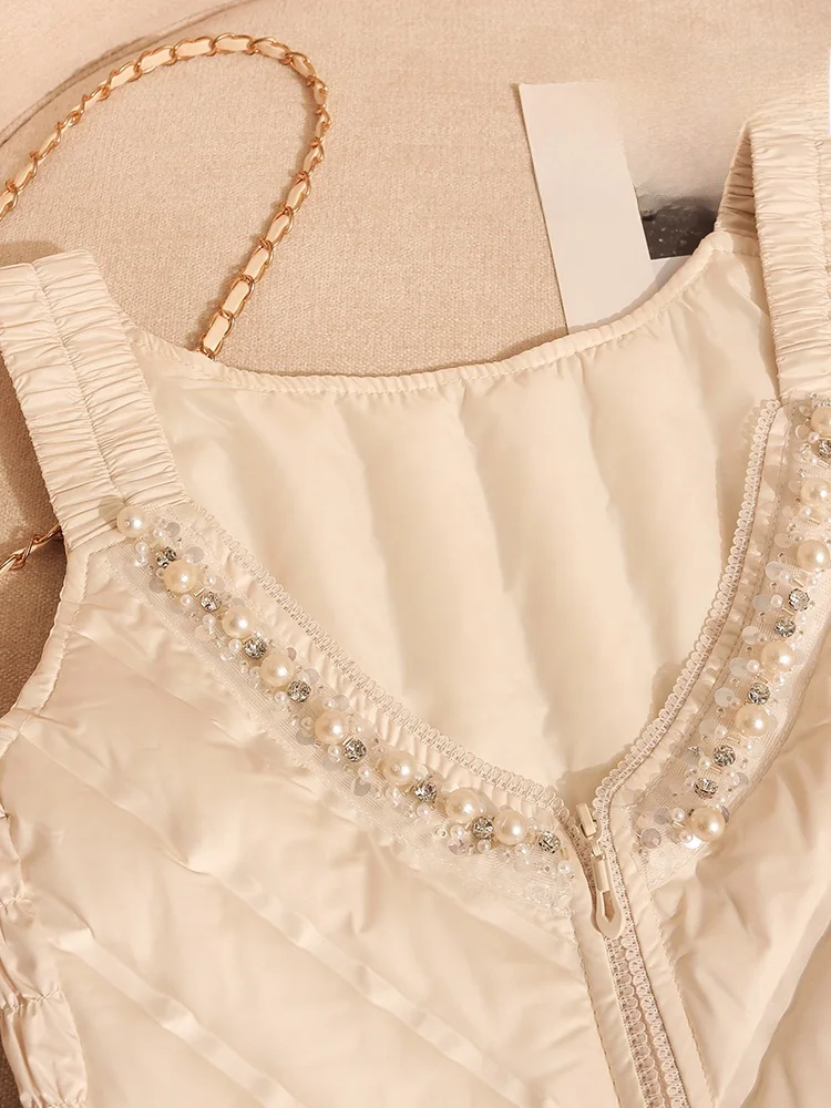 Женский пуховый жилет с бусинами для тяжелой промышленности зима 2023 новый дизайн