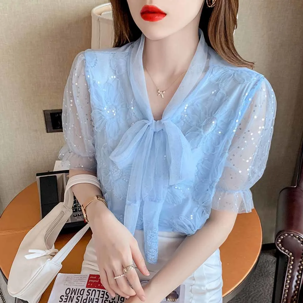 

Women sequins Blouse Korean Lace sequins Embroideried Shirt 2022 Summer Bow Tie Collar Short Sleeve Elegant Blusas Mujer