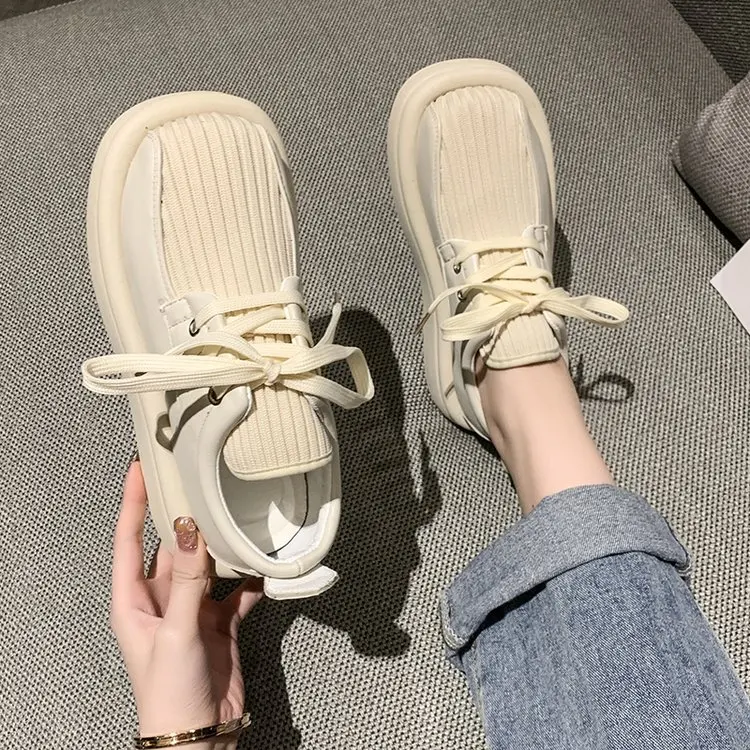 

2022 New Fashion Ladies Casual Shoes Lace Up Mesh Solid Color Casual Round Toe Platform Shoes Middle Heel Ladies Flat Shoes