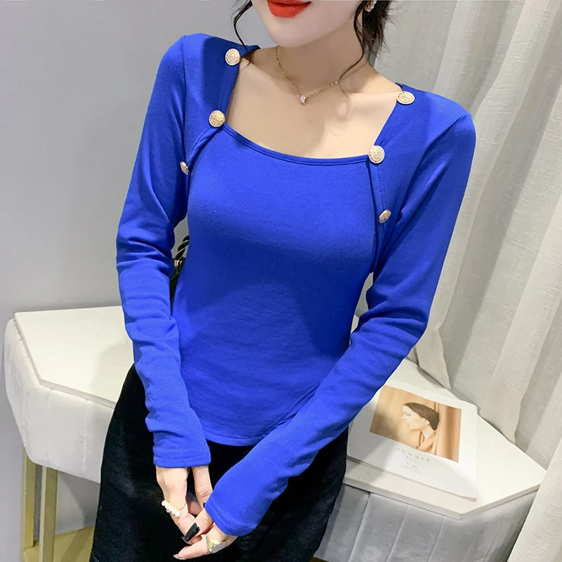 

Women Slim Full leeve Buttons Square Collar Cropped Tee Shirts Lady Stretchy Crop Tops T-shirts For Girls 2021 Spring Autumn