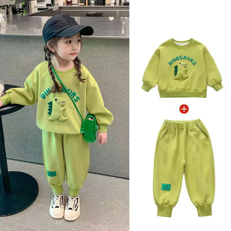 

Boys And Girls Green Three-Dimensional Dinosaur Cartoon Suit Winter New Small Children Round Neck Casual Sports Two-Piece Tide