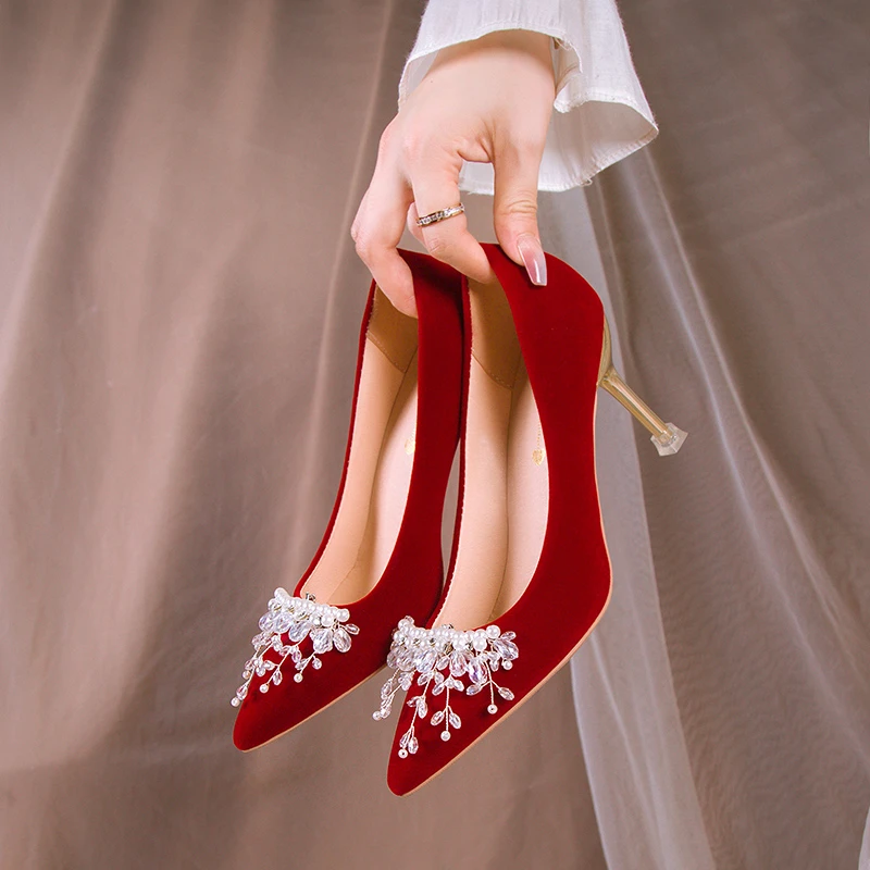 

2022 Crystal Women's Pumps Spring Autumn Pointed Toe Thin Heels Anti-skid Dress Wedding Bride High Heels Shoes of Women 6cm/8cm